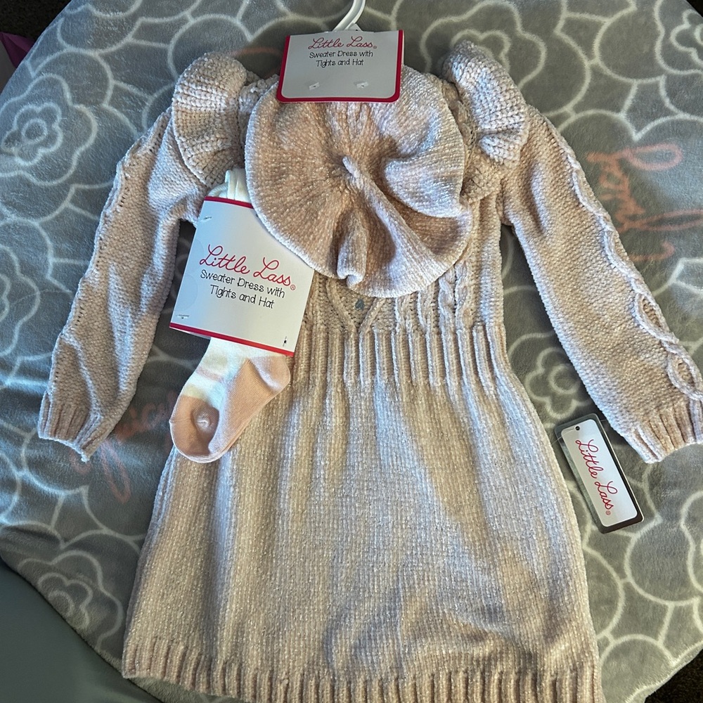 Little Lass Cream Knit Dress Set with Accessories